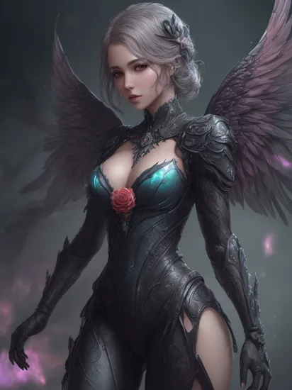 An enchanting sci-fi game character illustration portraying, a stunning lady, adorned with rose wings, gracefully positioned, in a magical landscape, intricate details on futuristic attire and surroundings, vibrant color palette, cinematic lighting, and create a sense of wonder, 8K, Photorealistic ,  , sharp focus,  vray tracing, raw character, 32k uhd, schlieren photography, conceptual portraiture, wet - on - wet blending, photorealistic, 4k, highly detailed, sharp focus, hyper-realistic, masterpiece,ultra-realistic,32k,extremely detailed CG unity 8k wallpaper, best quality,