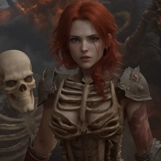 a cinematic shot for attractive female Kratos from God of War, fiery red hair, wearing very large Lion-gauntlets glowing red hot, (((fighting  a large skeleton monster))), (dark:1.2), (cinematic atmosphere:1.2), RAW photo shot by DSLR Fuji-film XT3 depth of field, soft lighting film grain photography Realistic photo-realistic Lifelike, (detailed clothes photo background), (full sharp:1.2), intricate 4k 8k quality resolution UHD, extremally ultra skin texture, Centered