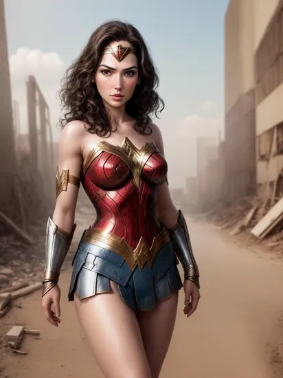 a wonder woman ,1980s, gal gadot, building destroyed,manufacturing waste ((realism)), extremely high quality RAW photograph, ultra detailed photograph, sharp focus, high resolution, (detailed skin:1,3),high quality, film grain, Fujifilm XT3,Highly Detailed, movie