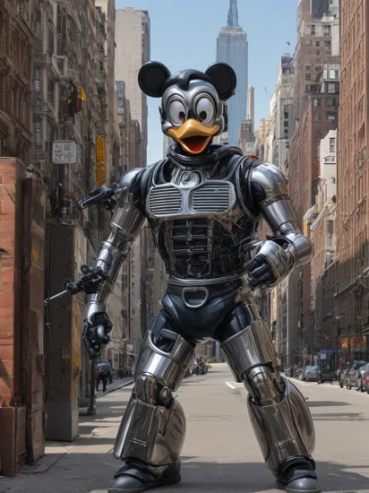 Donald duck as a t800 terminator in new york , realistic 