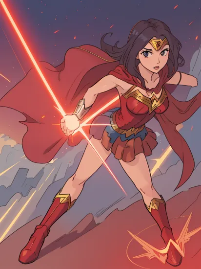 (full body), (Wonder Woman), ((heat vision and a laser beam)), (red cape), (((solo))), Perfect and very beautiful face, magnificent sky background, standing in front of island skyline, dramatic, gorgeous, good anatomy, good proportions, hero pose, award winning, masterpiece, volumetric lighting, centered, (realistic photo)