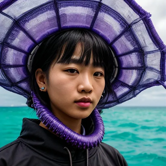 the close up portrait of person wearing an oversized lavender shirt and pink pants, with the head of a shark in the style of Yohji Yamamoto made from transparent purple material. It has sharp sharp teeth. Extremly detailed. Extremly refined details. It has four long tentacles hanging down behind it, against a sea waves background. hyperrealism mixed with illusory realism.This creature was designed to resemble both plastic and fabric materials, giving off a futuristic vibe --v 6 --ar 109:128