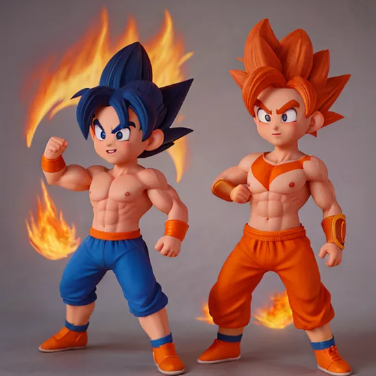 goku dragon ball bodybuilder, beautiful face, serious face, orange hair, red eyes, perfect body, fire background, chaos, (full body), fit body, abs, medium breasts, muscular,blue and orange topless armor, (cute, chibi)
