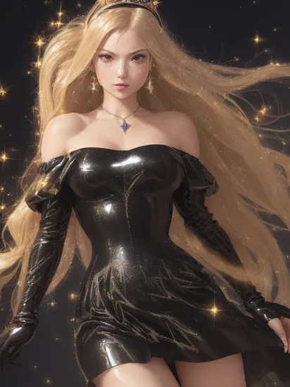 professional detailed photo, (samus aran:1.2) dressed in (latex (Rosalina off-the-shoulder tight black dress:1.2), (long straight blonde hair), (jewelry, tight black off-the-shoulder dress, princess crown, jewel brooch, long wide sleeves), (perfect face, beautiful face, symmetric face), (shiny glossy translucent clothing, gleaming oily latex fabric :1.1), (sparkles, sparkling hair, sparkling clothes, sparkles around face:1.3),
8k, RAW photo, photo-realistic, masterpiece, best quality, absurdres, incredibly absurdres, huge filesize, extremely detailed, High quality texture, physically-based rendering, Ray tracing,