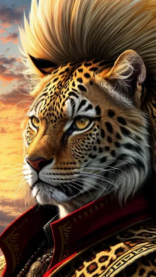 Leopard warrior, (noble armor), ((intense male Donald Trump)), fierce companion, feathered headgear, (spotted cloak), (gaze of command), silent communication, regal poise.