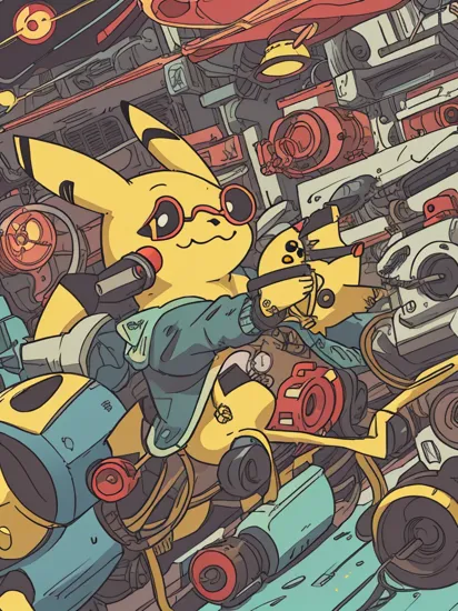 Mechanical Pikachu with tentacles, wearing sunglasses, cyberpunk style, copperu