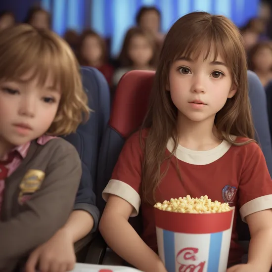 1girl, solo focus, (child), brown eyes, (12 year old), a young child eating popcorn while sitting in a cinema, cinema, movies, casual shirt, hermione granger, 