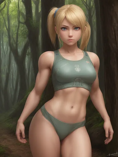 1girl, samus aran, highly detailed eyes, intricate details, ((realistic)), round pupils, solo, blue eyes, blonde hair, ponytail,((cartoon)), looking at viewer, smug, soft lighting, muscular female, arms behind back, (upper body), forest,