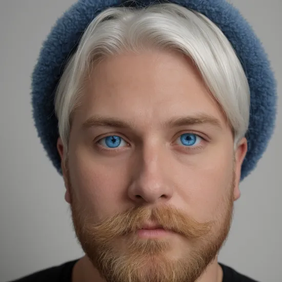 BRAKE macro photography of The face of a (30-year-old man:1.1) BREAK (beard:1.2), BREAK (white hair:1.1) BREAK (blue ice eyes:1.2) BREAK, fluffy hat BREAK close-up lens, 105mm, 100 ISO 