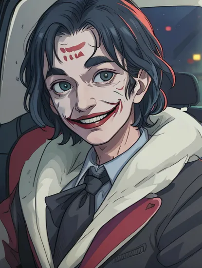 a portrait of a Joker from a Batman movie, smiling, looking at the viewer through the car window, dramatic light, movie screen grab,  jokermovie style