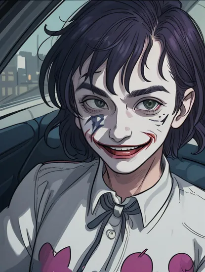 a portrait of a Joker from a Batman movie, smiling, looking at the viewer through the car window, dramatic light, movie screen grab,  jokermovie style