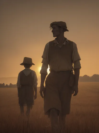 A lone farmer, a middle-aged man with a weathered face, is walking through a vast field of golden wheat. The sun is setting in the background, casting a warm orange glow over the landscape. The farmer's clothes are worn and faded, reminiscent of the Great Depression era. The scene is reminiscent of Dorothea Lange's documentary style, capturing the struggles and hardships of rural life. The brown palette and deconstructivism elements add a sense of grittiness and realism to the image, emphasizing the harshness of the farmer's existence. The scene is a biblical parallel, evoking the image of the lone figure walking through the fields of wheat in the Bible., Landscape photography, muted colors, dramatic shadows, biblical symbolism, in the style of Dorothea Lange.