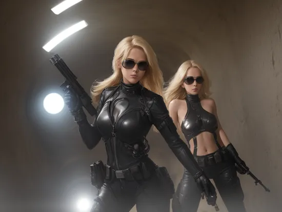 professional photography of skinny female blonde with black sunglasses and jewelry, posing as Terminator while fighting in underground tunnel, holding a gun, lens flare, futuristic, aim toward camera, high detail hair, volume fog, laser sights, high resolution, professional lens, reflections, ray tracing, black gloves