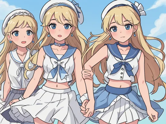masterpiece, best quality, highres, hmfre, blonde hair, beret, white headwear, earrings, choker, sailor collar, shirt, white bow, sleeveless, wrist cuffs, midriff, white skirt, see-through, idolmaster cinderella girls, , standing, cowboy shot, arms at sides, straight-on, blue sky,