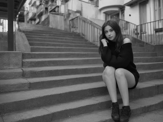Best quality, masterpiece, ultra high res, (photorealistic:1.4), raw photo, ((monochrome)), ((grayscale)), black and white photography, street photography, trending on flickr, 1girl, offshoulder, in the dark, deep shadow, low key, cold light, a girl sitting on a stairs in front of an apartment, looking at viewer, detailed street and background, ((outdoor)), ((full body))