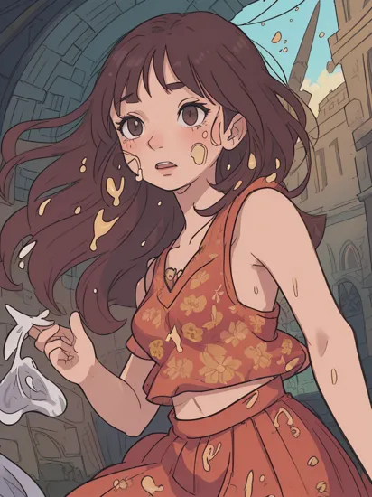 A stunning intricate full color portrait of a 18 year old very cute Algerian woman, wearing Floral print midi skirt, Racerback Bra, Enchanting Diagon Alley, London (Harry Potter Studio Tour), many spectators, happy, epic character composition,by ilya kuvshinov, alessio albi, nina masic,sharp focus, natural lighting, subsurface scattering, f2, 35mm, film grain, full body in the picture, (wet hair), (cum on face:1.4) 