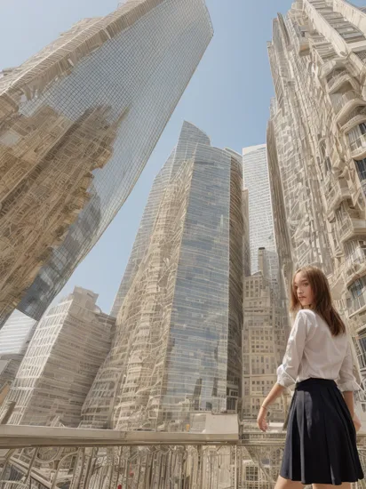 Girl wearing city in architectural design inspired by sun