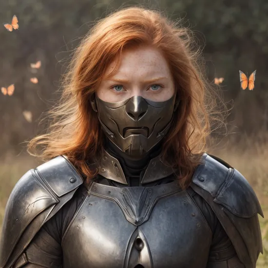 digital art, equality, , (sunlight on face), filmgrain, wearing heavy black iron armor, wide opened eyes, hdr, (flying translucent gradient butterflies:1.15), a photo that tells a (conceptual:1.4) story, ginger hair, 