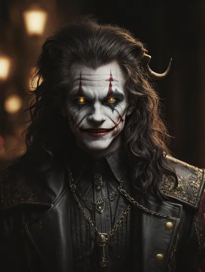 ((portrait)), award-winning photo portrait of a Tiefling with long thin twisted horns, dark red skin, curly black hair, an evil smile, glowing yellow eyes, lion fangs in the role of a Joker\(Joker 2019\), stands in a leather coat with metal chains, brass buttons against the background of a medieval city's night street, ((Portreitshoot)) directional look, cinematic composition, (intricately detailed, fine details, hyperdetailed), ultra-detailed, (backlight:1. 2)