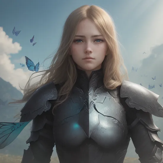 digital art, equality, , (sunlight on face), filmgrain, wearing heavy black iron armor, wide opened eyes, hdr, (flying translucent aqua butterflies:1.15), a photo that tells a (conceptual:1.4) story, dark blonde hair, 