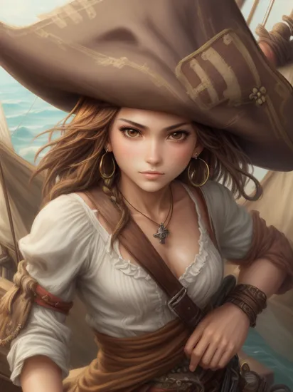 jack sparrow, anime style, masterpiece, best quality, 1girl, brown eyes, hat, brown hair, closed mouth, earrings, green background, hat, pirate,  jewelry, looking at viewer, shirt, short hair, simple background, solo, upper body, white shirt,  on pirate ship, ocean, ship