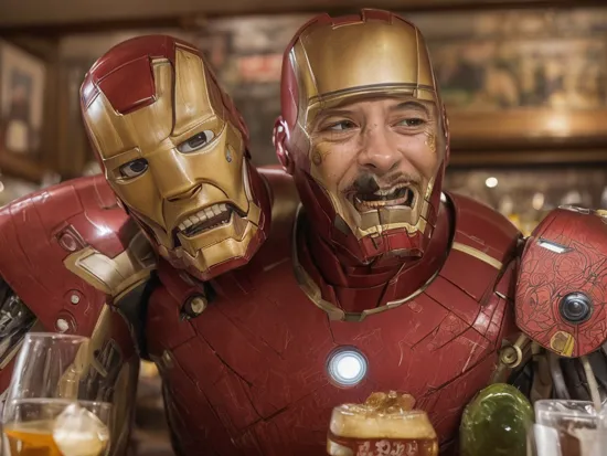 (masterpiece)+, (best quality)+, (Intricate detail)+, (iron man)++ laughing,  in a traditional english pub, flat cap, braces, pint of beer in his hand,