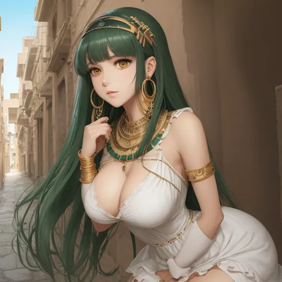 masterpiece, best quality, anime illustration, highly detailed, 2d, nice hands, (cleopatra_\(fate)\:1.3), fgocleo, egpytian style alleyway, cleodress, white dress, cross-laced dress, open clothes, thighs, legs, 1girl, long hair, blunt bangs, bangs, green eyes, very long hair, green hair, hairband, jewelry, earrings, hoop earrings, breasts, medium breasts, aroused, hand on own face, 