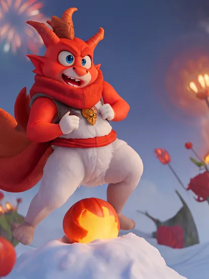 pixar style, a cute red dragon, wearing a scarf, big blue eyes, shiny snow white fluffy,angry, fairy tale, fireworks shine, bright color, natural light, face focus, 
