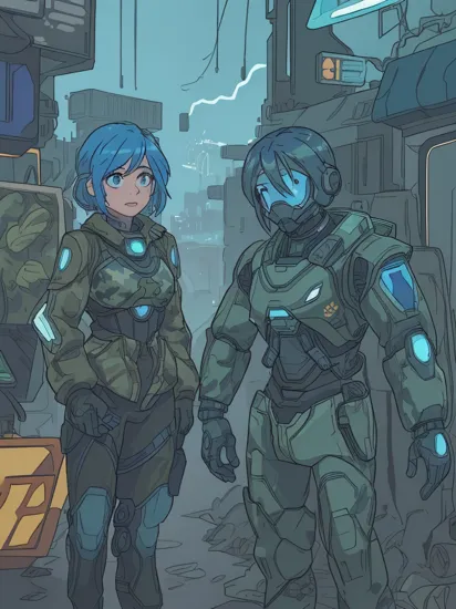 Two people, (bright blue glowing tattoos hologram Cortana) and (olive green military camouflage colored Master Chief) vandalizing and destroying robots, reimagined in a cyberpunk universe, cyberpunk, cyberpunk art style , cyberpunk surroundings, glowing multicolored neon lights, raining, lightning, cinematic scene, detailed background, masterpiece, best quality, high quality, highres, absurdres, 16k resolution   