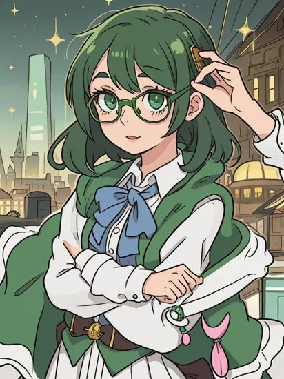 girl with glasses, wearing a sherlock holmes cosplay, white gacha city background, cute, sparkling green eyes