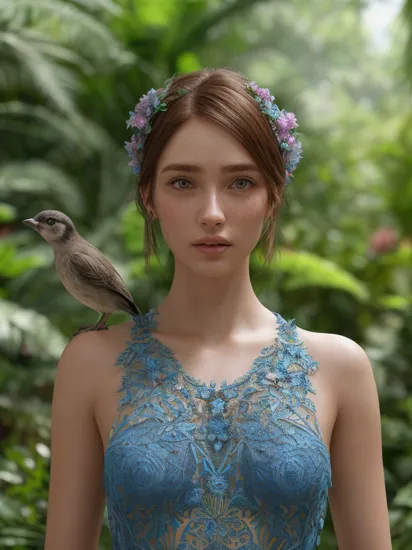 fashion photography portrait of blue human avatar, in blue lush jungle with flowers and birds, 3d render, cgi, symetrical, octane render, 35mm, bokeh, 9:16, (intricate details:1.12), hdr, (intricate details, hyperdetailed:1.15), (natural skin texture, hyperrealism, soft light, sharp:1.2)