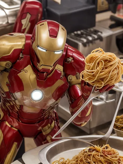 iron man eating spaghetti 
 