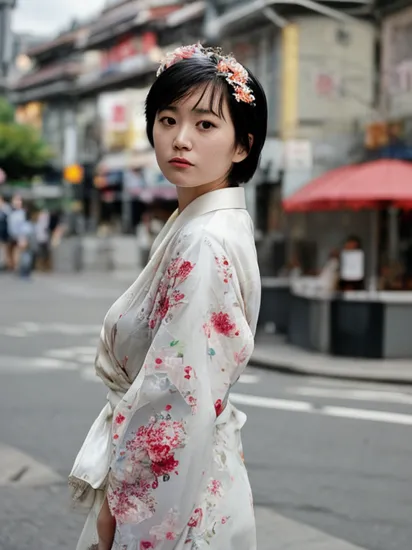 fashion photography of j14n16, clear face features, black short hair, wearing white kimono with floral pattern, close up photo, looking at viewer, dynamic poses, sidewalk, mount fujiyama, blue skies, clouds, low angle, film grain, kodak, portra 400, analog photo, pastel colors, taken with Fujifilm X-Pro 1 with 50mm F1.5 lens, in the style of Gary Winogrand, <lora:j14n16:.8>, <lora:LORA-XenoDetailer-v2:1><lora:LCM_SD15:1.0>