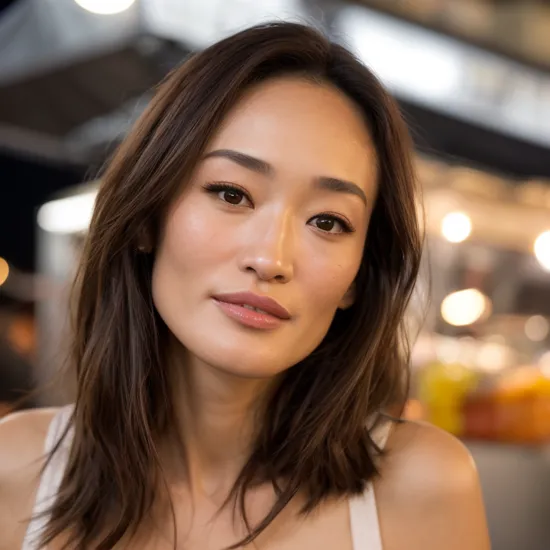 professional close-up portrait photography of the face of a beautiful maggie Q at food truck during Night, Nikon Z9