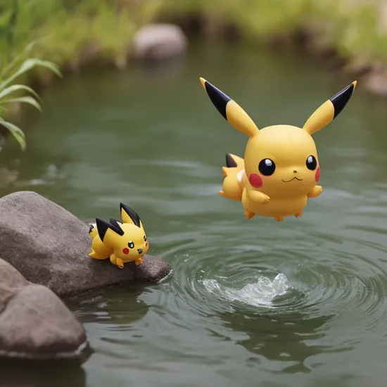 <hypernet:sdHypernetNendroid_10:1>,Nendroid pokemon pikachu Figure,flying pose in lake, at the noon, toy_photo,