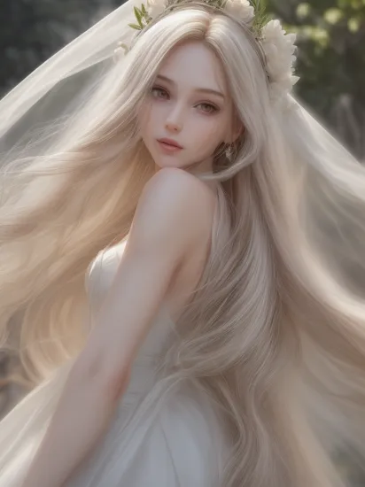 woman, , rapunzel, (long hair:1.4), (very long hair:1.45), (absurdly long hair:1.5), blonde hair, smile, shy smile, high heels, earring, collar, (white dress:1.5), (wedding crown:1.2), (wedding dress:1.5), (bridal dress:1.2), (flower:1.2), (wedding party:1.2), from behind,, (masterpiece, high quality, best quality:1.3), (photorealism:1.3), (dynamic shadows, dynamic lighting:1.2), (natural skin texture:1.5), (natural lips, detailed lips:1.3), (natural shadows, detailed shadows:1.5), (hyperrealism, soft light, sharp), (hdr, hyperdetailed:1), (intricate details:0.8), detailed eyes, detailed hair, detailed skin, 8k, (cinematic look:1.4), insane details, intricate details, hyperdetailed, low contrast, soft cinematic light, exposure blend, hdr, faded, slate gray atmosphere, (everything Detailed), , , ,