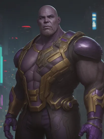 (bald Josh Brolin:1.1) as male (Thanos:1.1) marvel character (((having purple skin))) wearing (Thanos armor and infinity gauntlet:1.5), (masculine male heavyweight figure:1.5), (reimagined in a cyberpunk universe), (cyberpunk style), (cyberpunk), (cyberpunk style thanos armour), bald, ((mechanical augmentation)), ((cybernetics)), glowing neon lights, cinematic scene, hero view, action pose, beautiful 8k, detailed background, masterpiece, best quality, high quality, absurdres, vivid, detailed skin texture, on a cyberpunk planet, (brooding:0.5), (goosebumps:0.5), subsurface scattering,   realistic eyes, golden ration, face and body in proportion,   