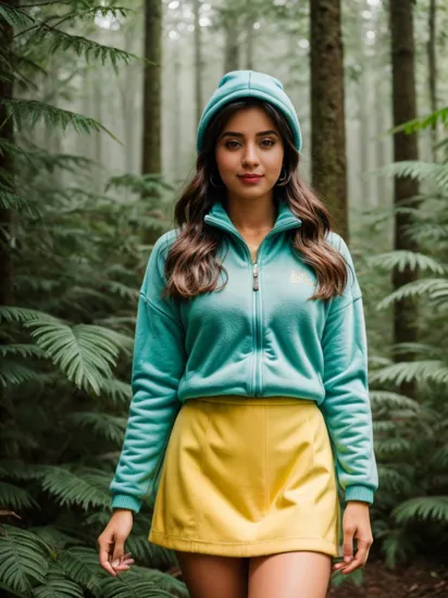 @MaleTa wearing She's clad in a blue fleece jacket with yellow details, worn over a teal tank top, and paired with a green knit skirt, offering a cozy and colorful ensemble. A misty forest trail with lush foliage, adventurous and natural. Coffee shop interior, warm tones, cozy and inviting poses.