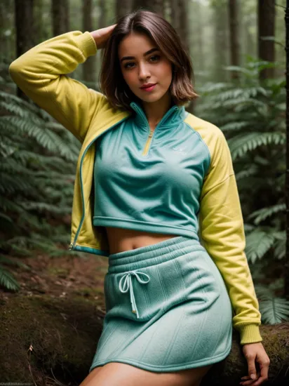 @MaleTa wearing She's clad in a blue fleece jacket with yellow details, worn over a teal tank top, and paired with a green knit skirt, offering a cozy and colorful ensemble. A misty forest trail with lush foliage, adventurous and natural. Coffee shop interior, warm tones, cozy and inviting poses.