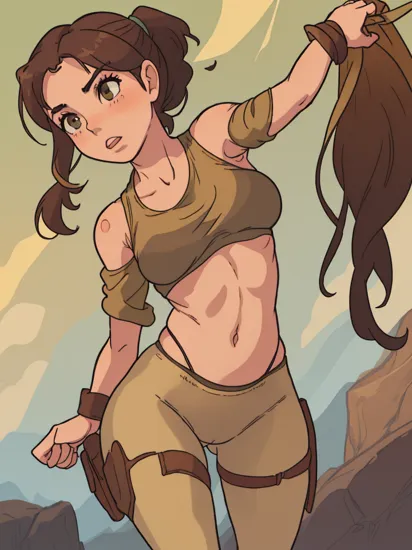 cowboy_shot, shot from below, lara croft, athletic, abs, Sexy girl full face, with glossy skin, standing on cliff, long brown hair ponytail, skintight green sports bra, skintight  light brown leggings, lips parted, (small perky breasts), ((camel toe)), thigh gap, narrow hips, front lit