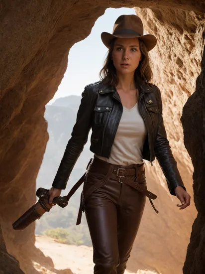KatjaStudt as a female indiana jones, leather jacket, shirt, pants, woman exploring a cave, torch in hand, dramatic light, light from above, upper body,
cinematic, vibrant, photo realistic, realistic, sharp focus, 8k, highly detailed,
