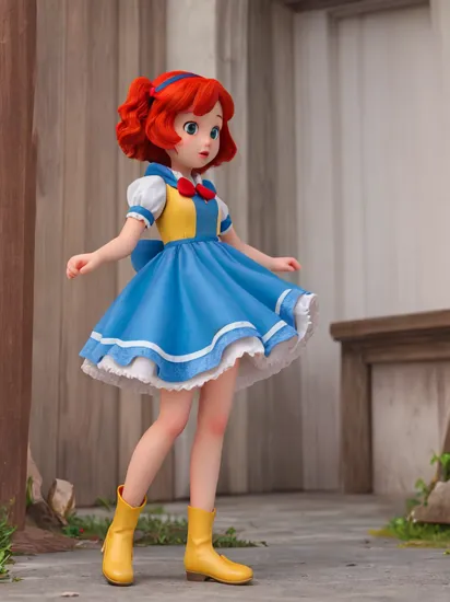 1girl, realistic, solo, , snow white , (masterpiece:1.2), best quality,  outside, blue and yellow dress, red hair bow, long dress