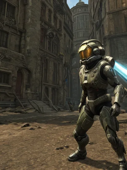 screenshot from a modded console game, style of gravity rush, master chief looking around