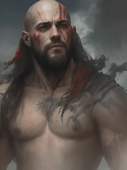 designed by greg manchess,smoke, Close Portrait of Kratos, bright eyes, plump manly lips, trending on art station, photoreal, 8 k, octane render by greg rutkowski,  art by Carne Griffiths and Wadim Kashin ,in the style of Dau-al-Set, Pollock, and inspired by MAPPA and Zdzislaw Beksinski,