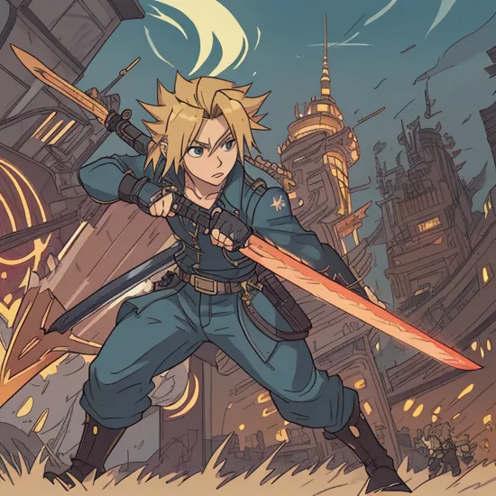 Cloud Strife, with his iconic spiky blonde hair, races on a roaring motorcycle, slashing skillfully at pursuing Shinra troops. The dystopian city of Midgar's multilayered neon lights rush by in a dazzling display, casting brilliant reflections on his massive Buster Sword, creating a harmonious dance of light and metal with every swing.