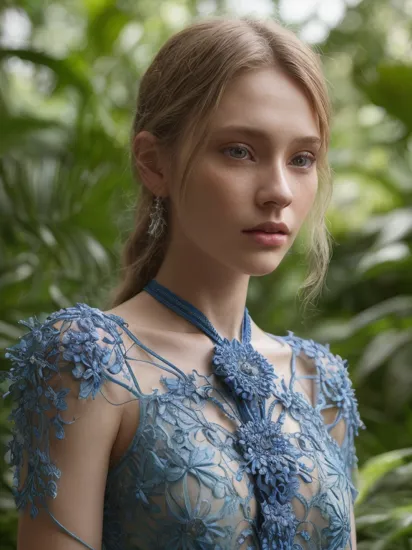 fashion photography portrait of blue human avatar, 13 old, in blue lush jungle with flowers and birds, 3d render, cgi, symetrical, octane render, 35mm, bokeh, 9:16, (intricate details:1.12), hdr, (intricate details, hyperdetailed:1.15), (natural skin texture, hyperrealism, soft light, sharp:1.2)