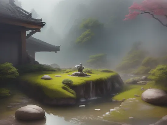 a detailed scene of a stunningly beautiful, serene zen garden in volumetric fog and rain. soothing. captivating. insanely detailed. master chief from Halo, wearing Mjolnir armor, is meditating, contemplating the beautiful garden. dynamic view. 
masterpiece composition, trending on artstation in the style of artgerm and greg rutkowski and gerald brom