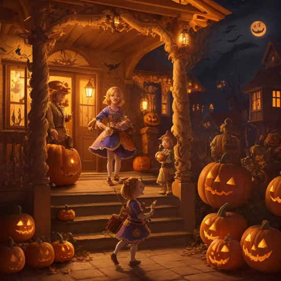 insanely detailed, and intricate. a happy Link ((joy:0.6)) standing on a porch holding a box of candy. a large number of children in halloween costumes taking candy from the box Link is holding. In the background are many children in costumes taking candy from a bucket. High detail. Halloween night.   