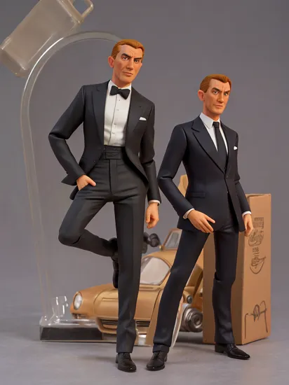 A photorealistic depiction of a boxed action figure toy, modeled after James Bond. The packaging is sleek and sophisticated, featuring a cartoon illustration of James Bond in his iconic suit and pose on one side, complementing the actual figure displayed within a clear plastic window on the other. The toy itself is meticulously detailed, capturing the suave demeanor and classic attire of the legendary spy. The box design includes the 007 logo and thematic elements reminiscent of the Bond films, such as silhouettes of cars and gadgets, set against a stylish, dark background,
