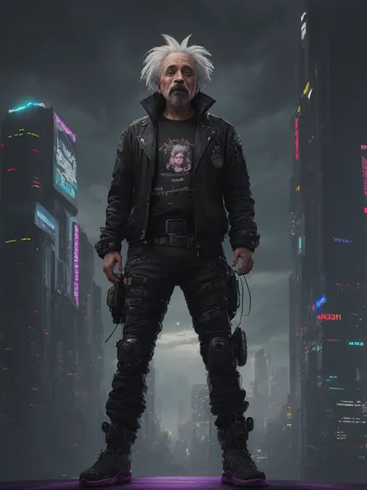 long shot scenic professional photograph of Albert Einstein, (reimagined in a cyberpunk universe), (cyberpunk style), (cyberpunk), (cyberpunk outfit), (punk hair), (augmentation), cybernetics, glowing neon lights, cinematic scene, hero view, action pose, beautiful 8k, detailed background, masterpiece, best quality, high quality, absurdres, vivid., perfect viewpoint, highly detailed, wide-angle lens, hyper realistic, with dramatic sky, polarizing filter, natural lighting, vivid colors, everything in sharp focus, HDR, UHD, 64K,